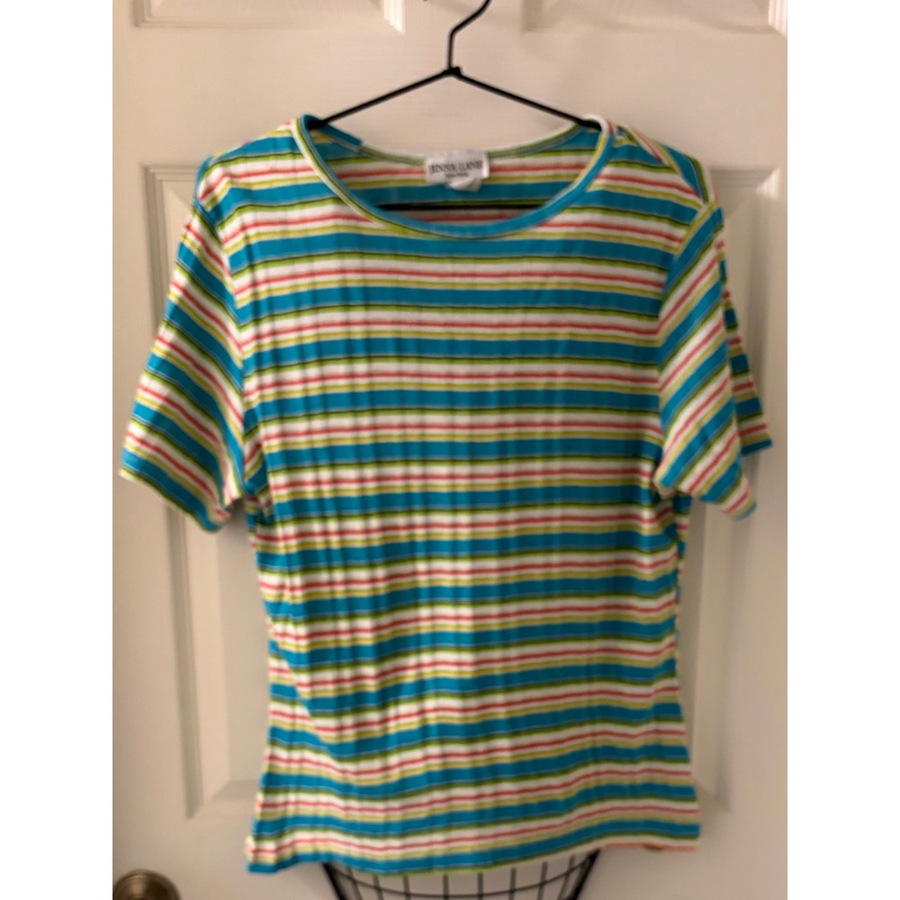 Y2K Jenna Lane New York Striped Ribbed Knit Top Blue Green Red USA Made Womens L
